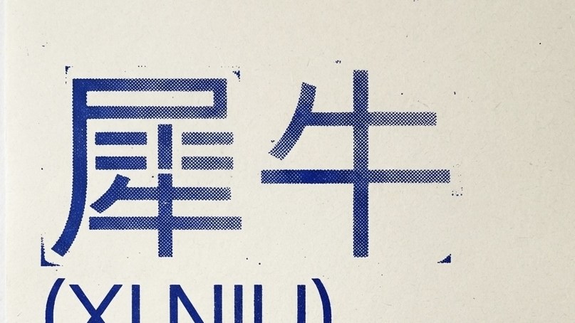The characters 犀牛 printed in blue halftone on paper